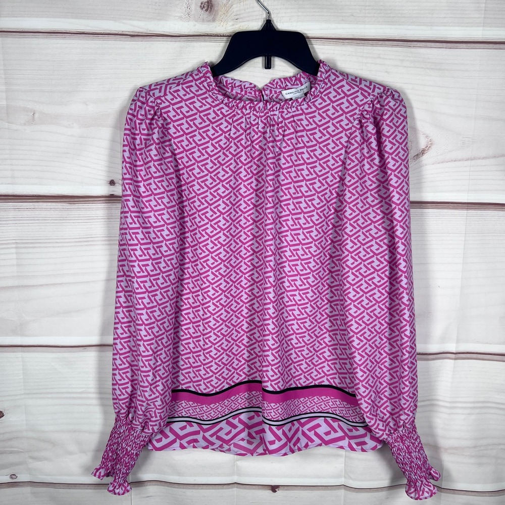 Carolina Belle Blouse Women XS Pink Geometric Mock Neck Smocked Cuff Long Sleeve